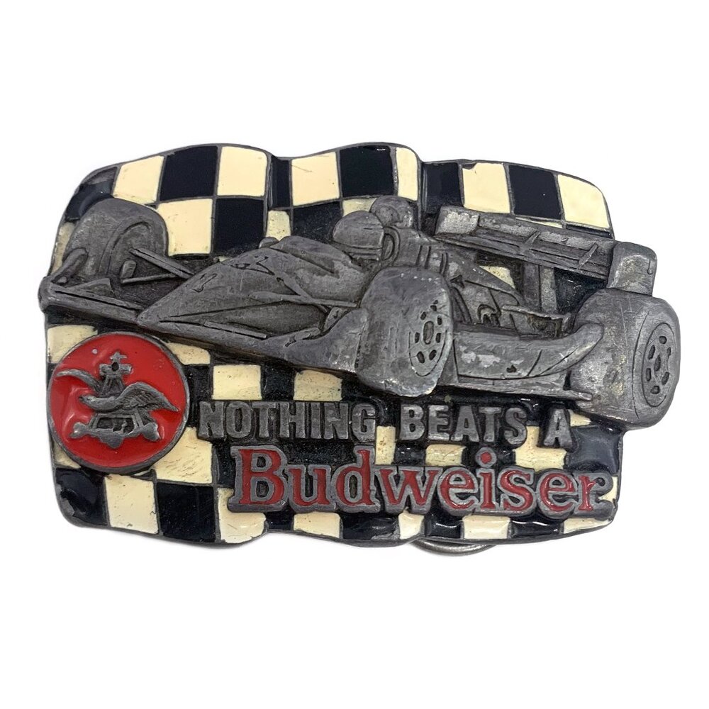 BUDWEISER Racing Belt Buckle Nothing Beats A Bud Pewter Indy Car Vintage 1992